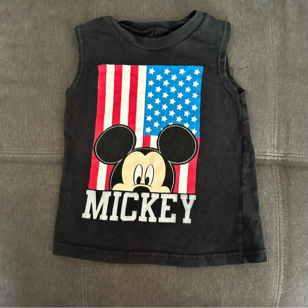 Disney Black Tank Top with Mickey and Red & Blue Flag Graphic